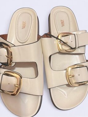 Zara Cream Slide Sandals with Gold Buckles